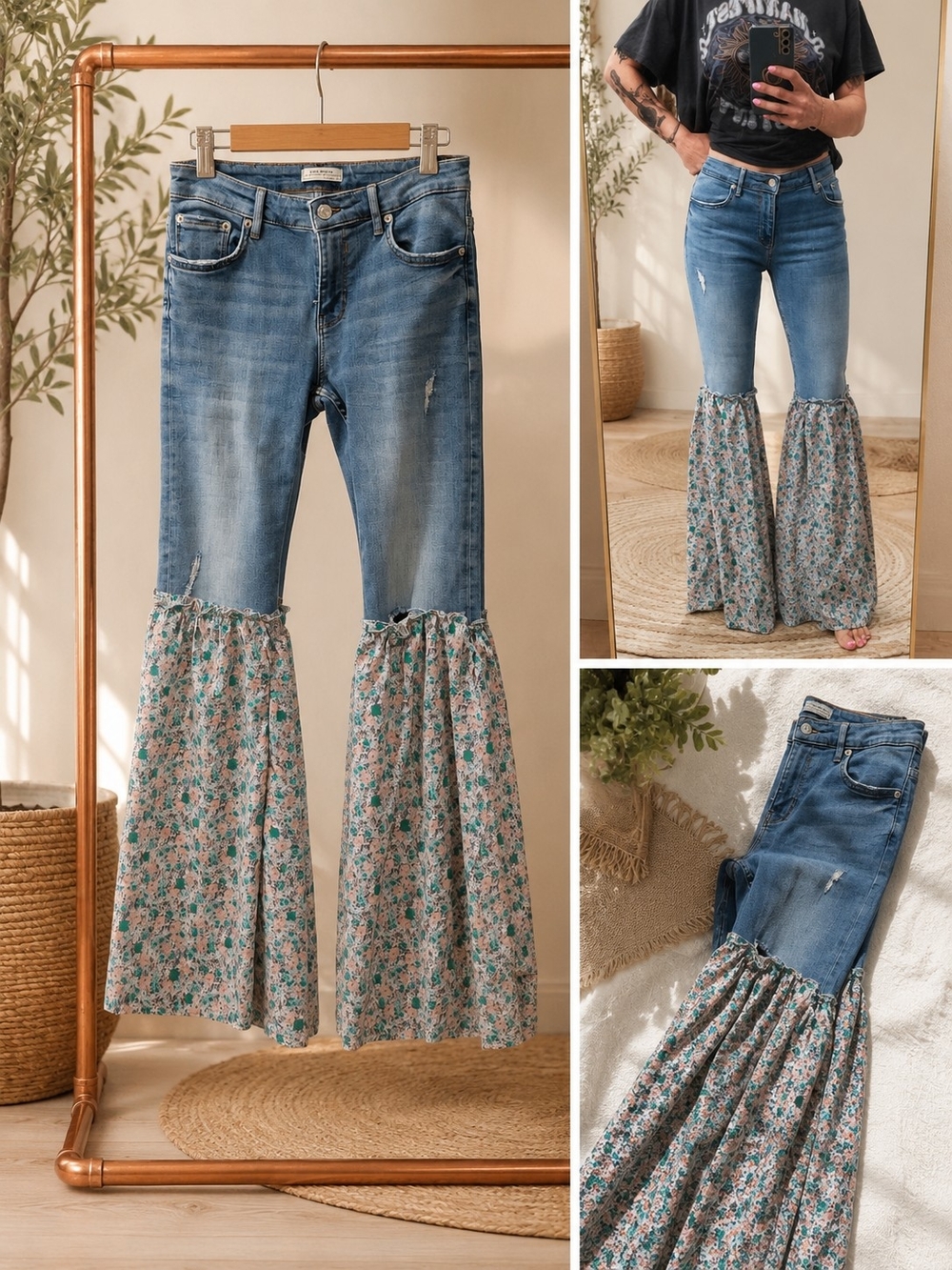Boho Floral Wide-Leg Bell Jeans - Blue